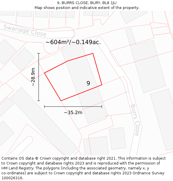 9, BURRS CLOSE, BURY, BL8 1JU: Plot and title map