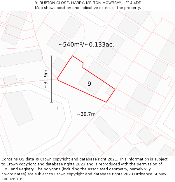 9, BURTON CLOSE, HARBY, MELTON MOWBRAY, LE14 4DF: Plot and title map