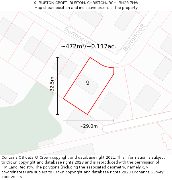 9, BURTON CROFT, BURTON, CHRISTCHURCH, BH23 7HW: Plot and title map