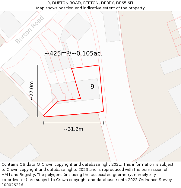 9, BURTON ROAD, REPTON, DERBY, DE65 6FL: Plot and title map