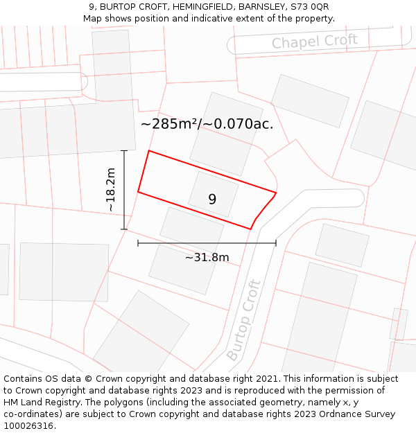 9, BURTOP CROFT, HEMINGFIELD, BARNSLEY, S73 0QR: Plot and title map