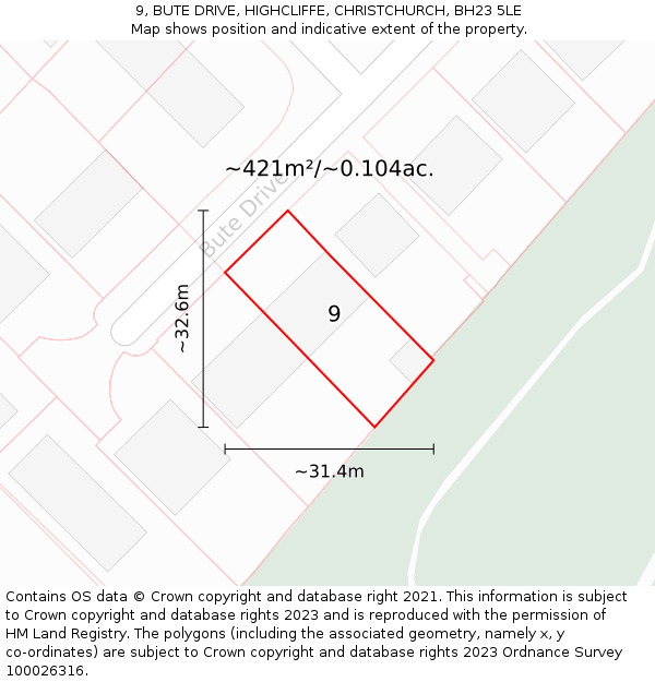 9, BUTE DRIVE, HIGHCLIFFE, CHRISTCHURCH, BH23 5LE: Plot and title map