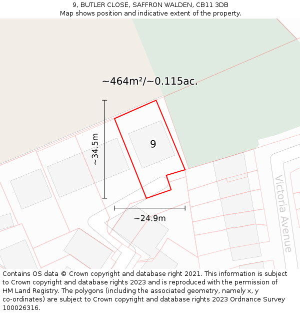 9, BUTLER CLOSE, SAFFRON WALDEN, CB11 3DB: Plot and title map