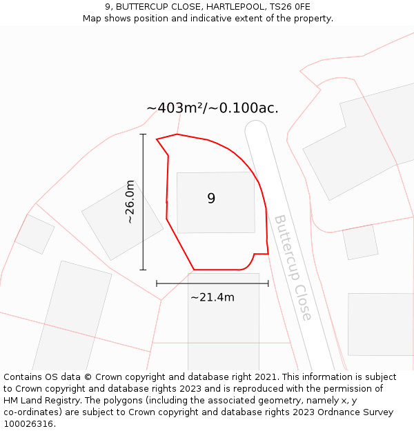 9, BUTTERCUP CLOSE, HARTLEPOOL, TS26 0FE: Plot and title map