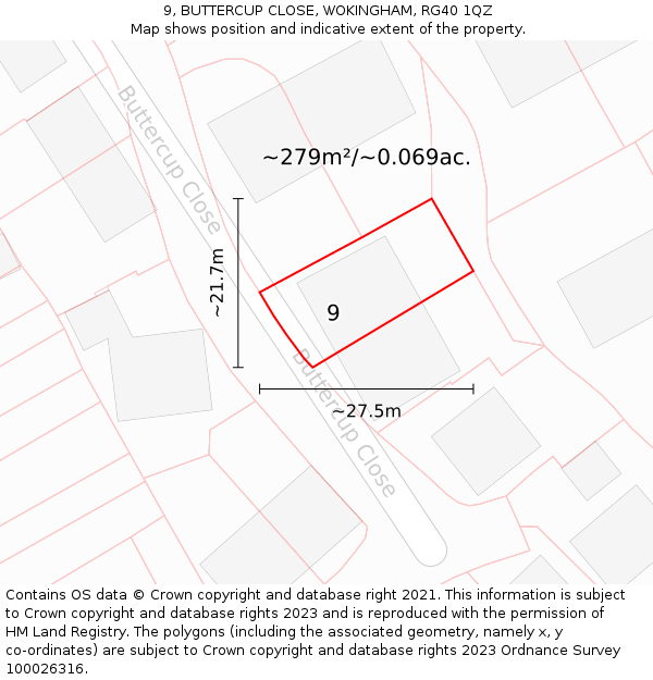 9, BUTTERCUP CLOSE, WOKINGHAM, RG40 1QZ: Plot and title map