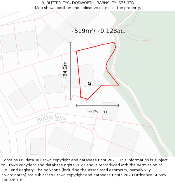 9, BUTTERLEYS, DODWORTH, BARNSLEY, S75 3TD: Plot and title map
