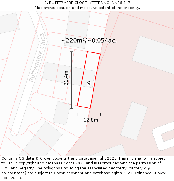 9, BUTTERMERE CLOSE, KETTERING, NN16 8LZ: Plot and title map