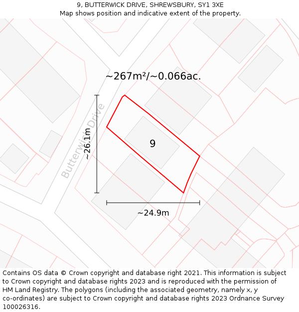 9, BUTTERWICK DRIVE, SHREWSBURY, SY1 3XE: Plot and title map