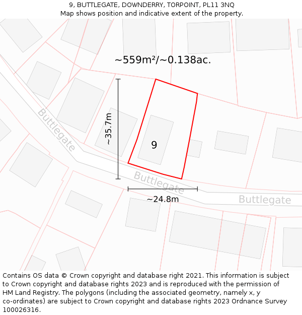 9, BUTTLEGATE, DOWNDERRY, TORPOINT, PL11 3NQ: Plot and title map