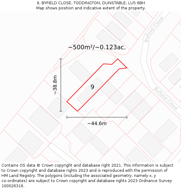 9, BYFIELD CLOSE, TODDINGTON, DUNSTABLE, LU5 6BH: Plot and title map
