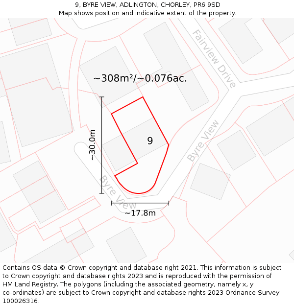 9, BYRE VIEW, ADLINGTON, CHORLEY, PR6 9SD: Plot and title map