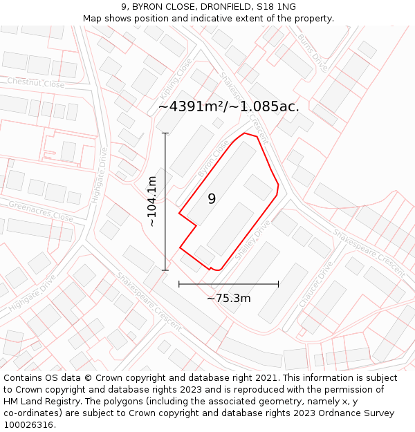 9, BYRON CLOSE, DRONFIELD, S18 1NG: Plot and title map