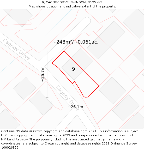 9, CAGNEY DRIVE, SWINDON, SN25 4YR: Plot and title map