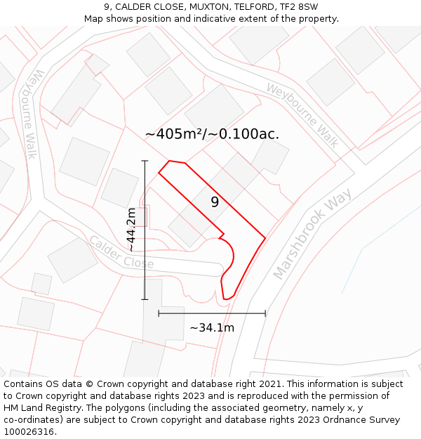 9, CALDER CLOSE, MUXTON, TELFORD, TF2 8SW: Plot and title map