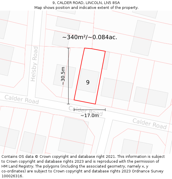 9, CALDER ROAD, LINCOLN, LN5 8SA: Plot and title map