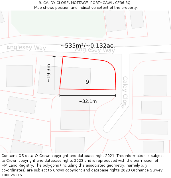 9, CALDY CLOSE, NOTTAGE, PORTHCAWL, CF36 3QL: Plot and title map