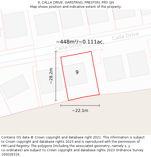 9, CALLA DRIVE, GARSTANG, PRESTON, PR3 1JN: Plot and title map