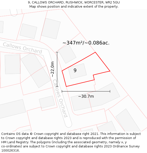 9, CALLOWS ORCHARD, RUSHWICK, WORCESTER, WR2 5GU: Plot and title map