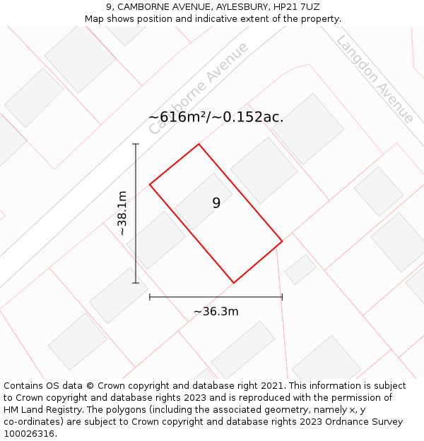 9, CAMBORNE AVENUE, AYLESBURY, HP21 7UZ: Plot and title map