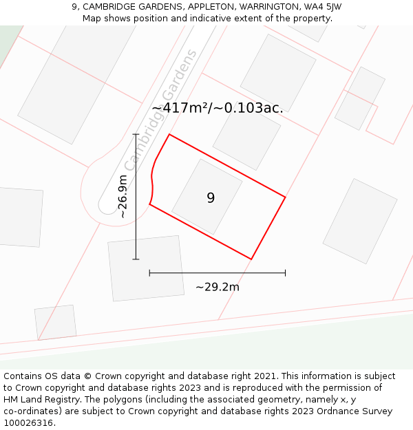 9, CAMBRIDGE GARDENS, APPLETON, WARRINGTON, WA4 5JW: Plot and title map