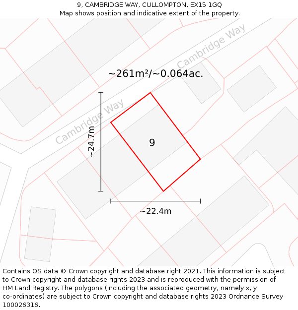9, CAMBRIDGE WAY, CULLOMPTON, EX15 1GQ: Plot and title map