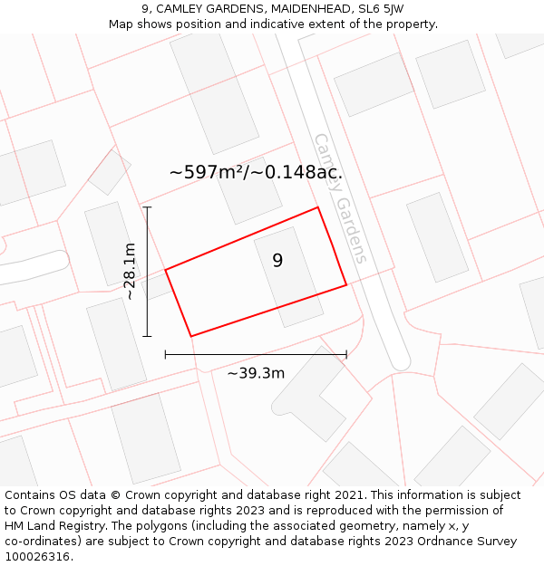 9, CAMLEY GARDENS, MAIDENHEAD, SL6 5JW: Plot and title map