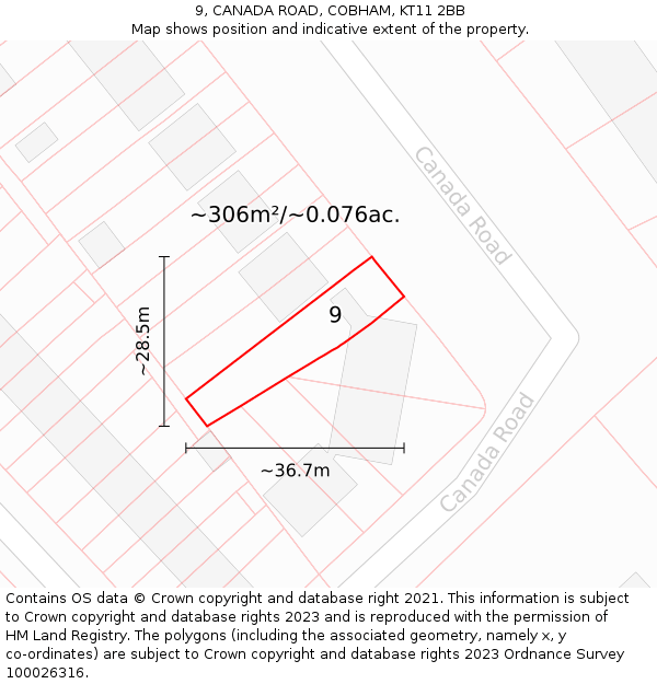 9, CANADA ROAD, COBHAM, KT11 2BB: Plot and title map