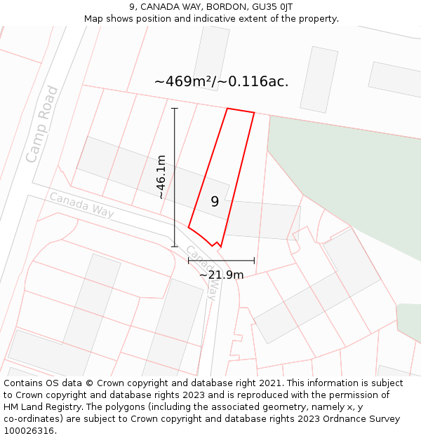 9, CANADA WAY, BORDON, GU35 0JT: Plot and title map