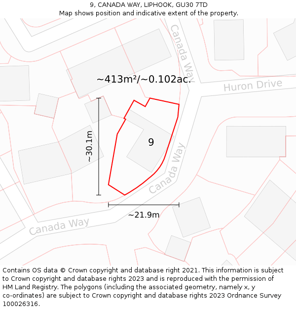 9, CANADA WAY, LIPHOOK, GU30 7TD: Plot and title map