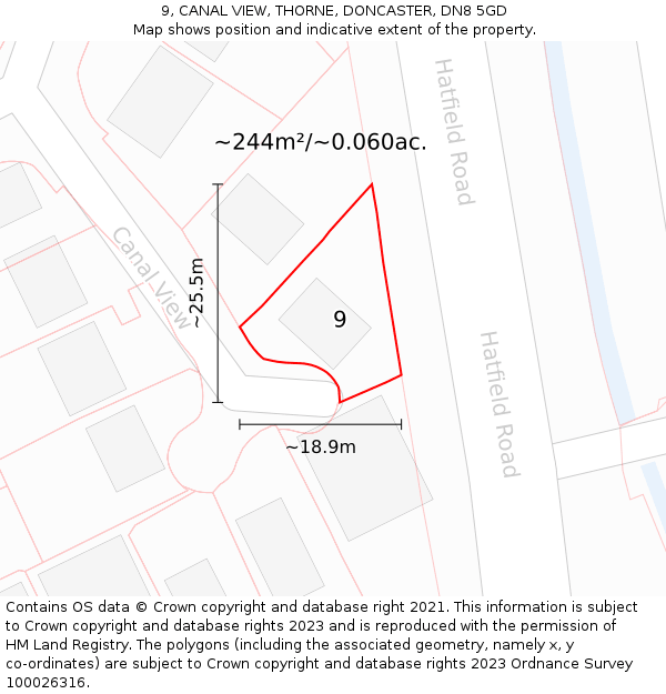 9, CANAL VIEW, THORNE, DONCASTER, DN8 5GD: Plot and title map