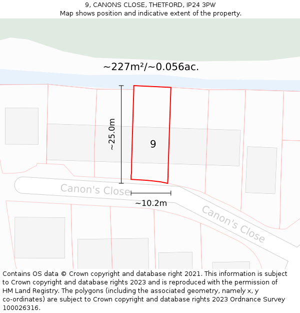 9, CANONS CLOSE, THETFORD, IP24 3PW: Plot and title map