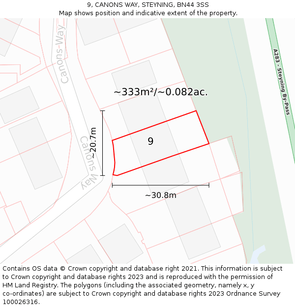 9, CANONS WAY, STEYNING, BN44 3SS: Plot and title map