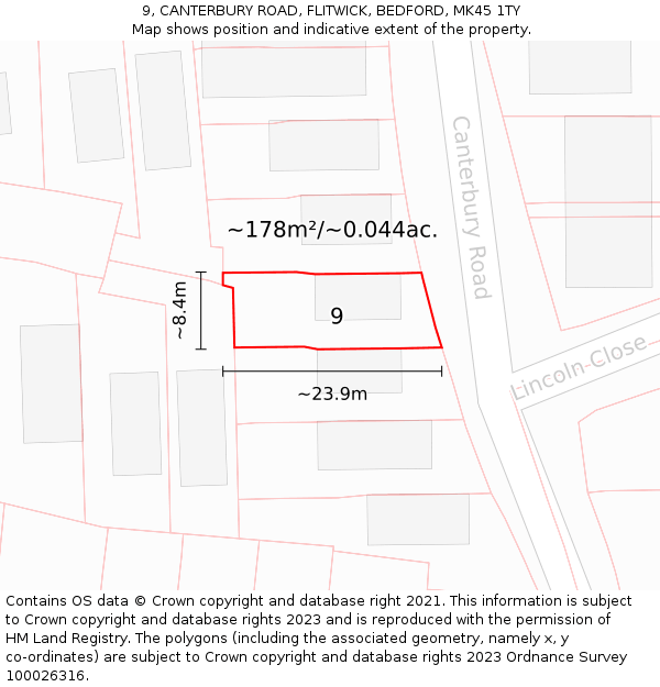 9, CANTERBURY ROAD, FLITWICK, BEDFORD, MK45 1TY: Plot and title map