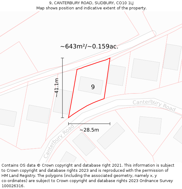 9, CANTERBURY ROAD, SUDBURY, CO10 1LJ: Plot and title map