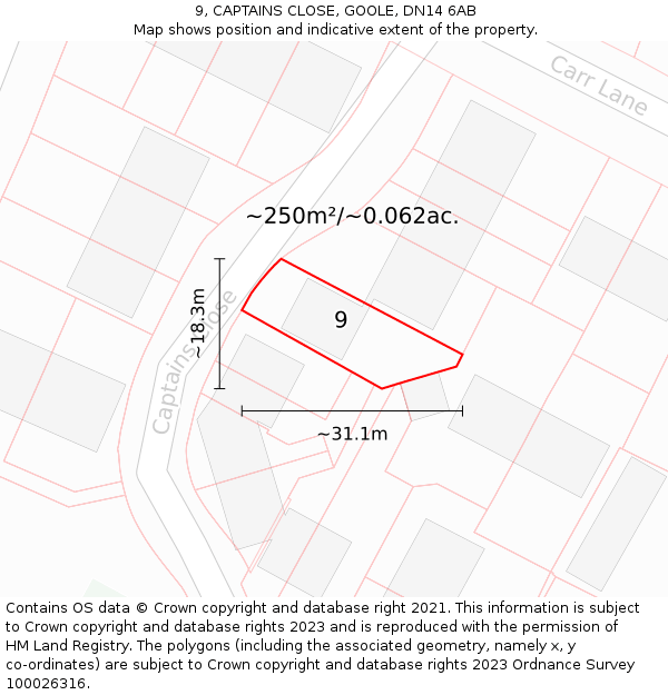 9, CAPTAINS CLOSE, GOOLE, DN14 6AB: Plot and title map