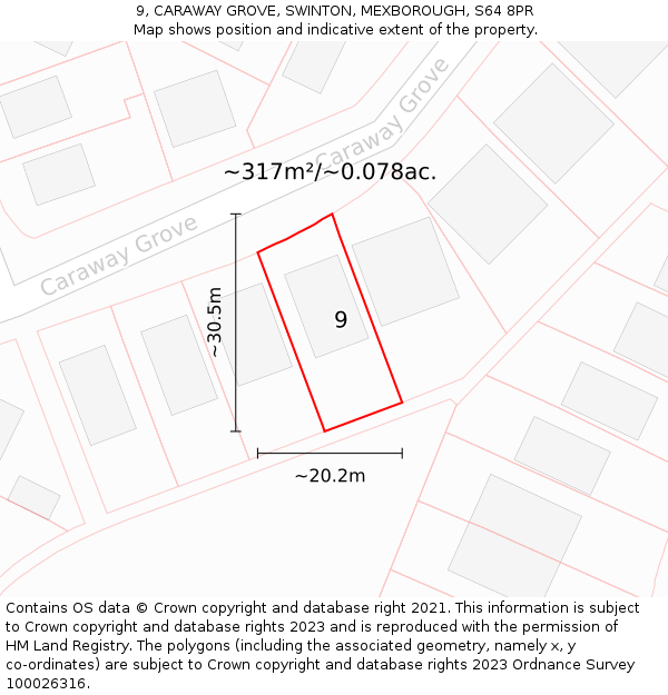 9, CARAWAY GROVE, SWINTON, MEXBOROUGH, S64 8PR: Plot and title map
