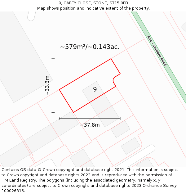9, CAREY CLOSE, STONE, ST15 0FB: Plot and title map