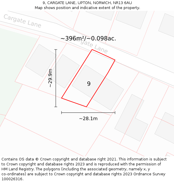 9, CARGATE LANE, UPTON, NORWICH, NR13 6AU: Plot and title map