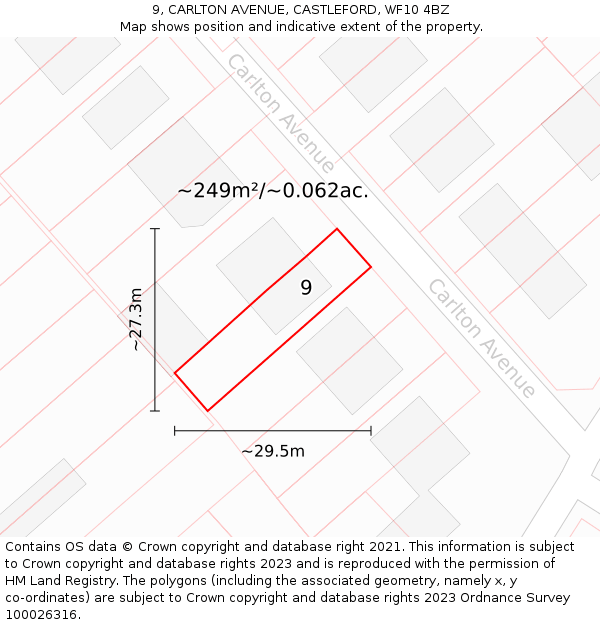 9, CARLTON AVENUE, CASTLEFORD, WF10 4BZ: Plot and title map