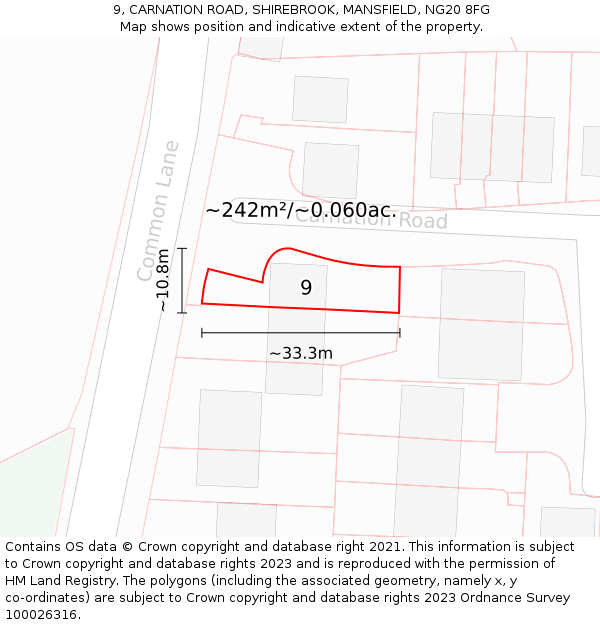 9, CARNATION ROAD, SHIREBROOK, MANSFIELD, NG20 8FG: Plot and title map
