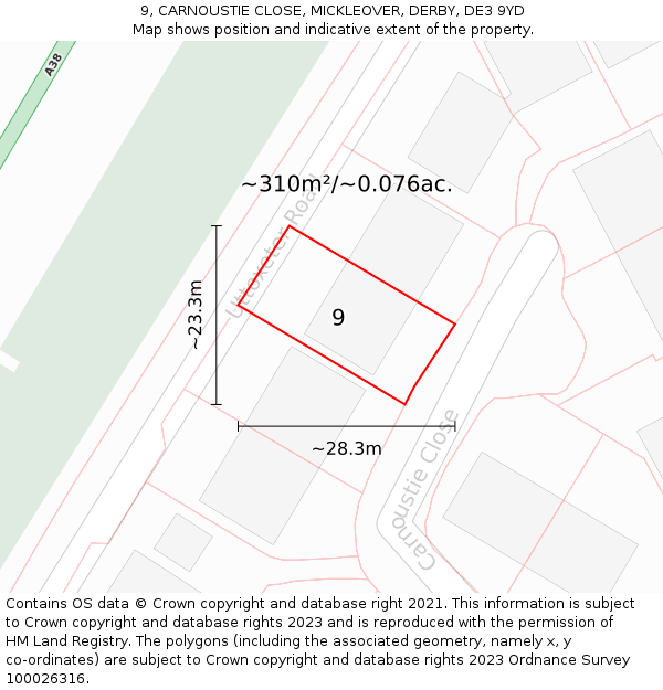 9, CARNOUSTIE CLOSE, MICKLEOVER, DERBY, DE3 9YD: Plot and title map
