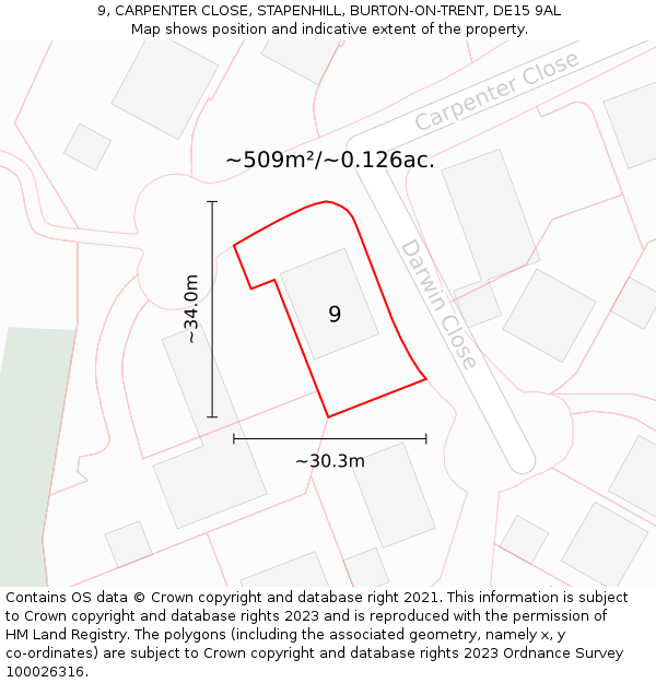 9, CARPENTER CLOSE, STAPENHILL, BURTON-ON-TRENT, DE15 9AL: Plot and title map