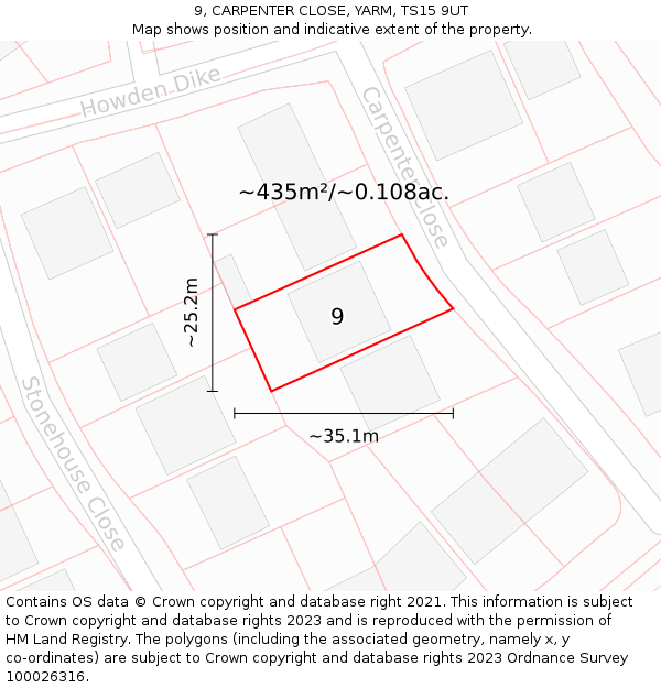 9, CARPENTER CLOSE, YARM, TS15 9UT: Plot and title map