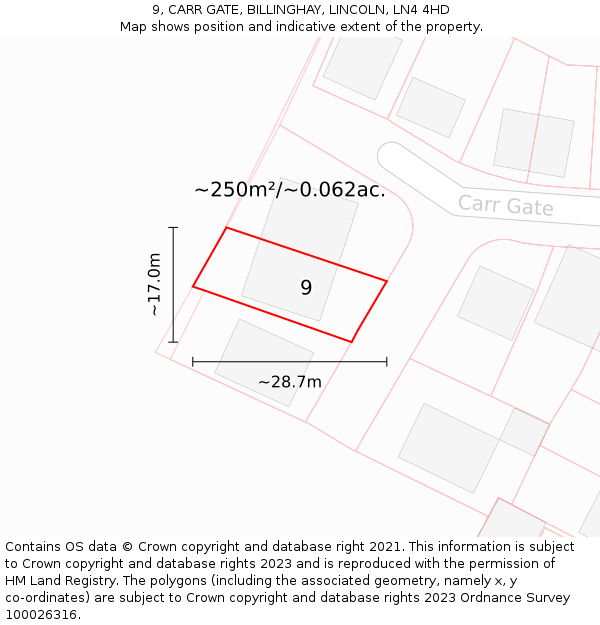 9, CARR GATE, BILLINGHAY, LINCOLN, LN4 4HD: Plot and title map