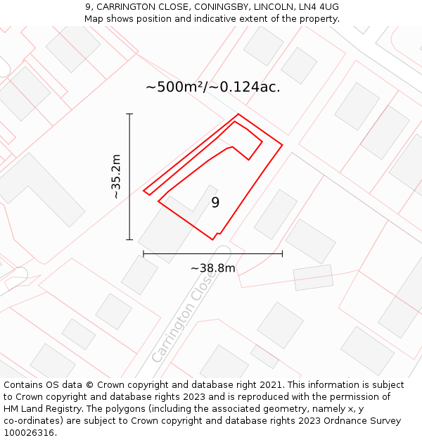 9, CARRINGTON CLOSE, CONINGSBY, LINCOLN, LN4 4UG: Plot and title map