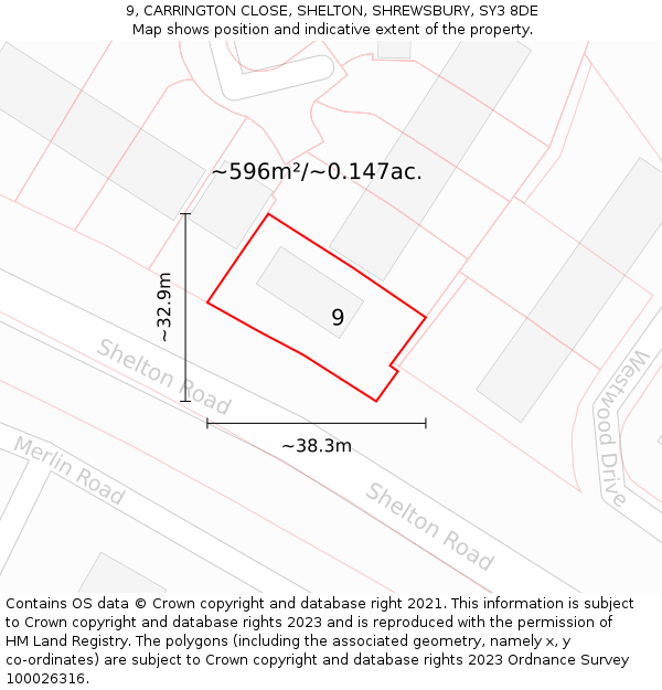 9, CARRINGTON CLOSE, SHELTON, SHREWSBURY, SY3 8DE: Plot and title map