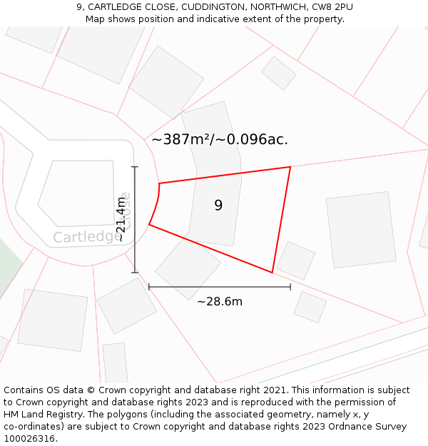 9, CARTLEDGE CLOSE, CUDDINGTON, NORTHWICH, CW8 2PU: Plot and title map