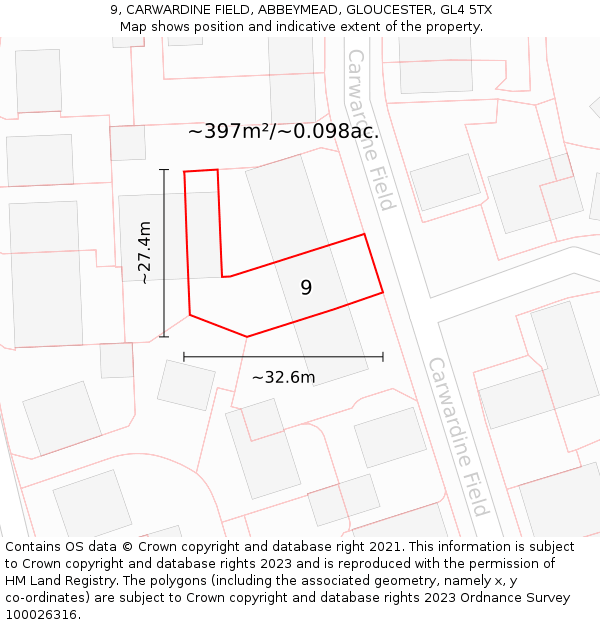 9, CARWARDINE FIELD, ABBEYMEAD, GLOUCESTER, GL4 5TX: Plot and title map