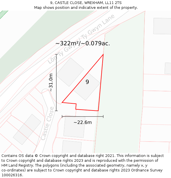 9, CASTLE CLOSE, WREXHAM, LL11 2TS: Plot and title map