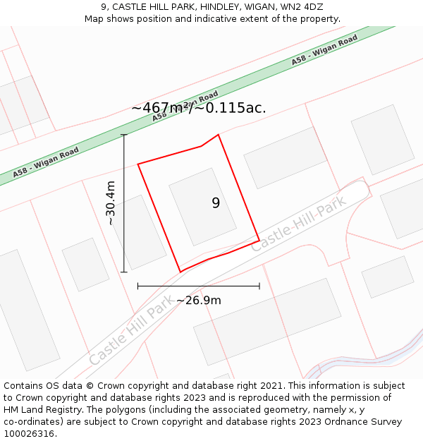 9, CASTLE HILL PARK, HINDLEY, WIGAN, WN2 4DZ: Plot and title map